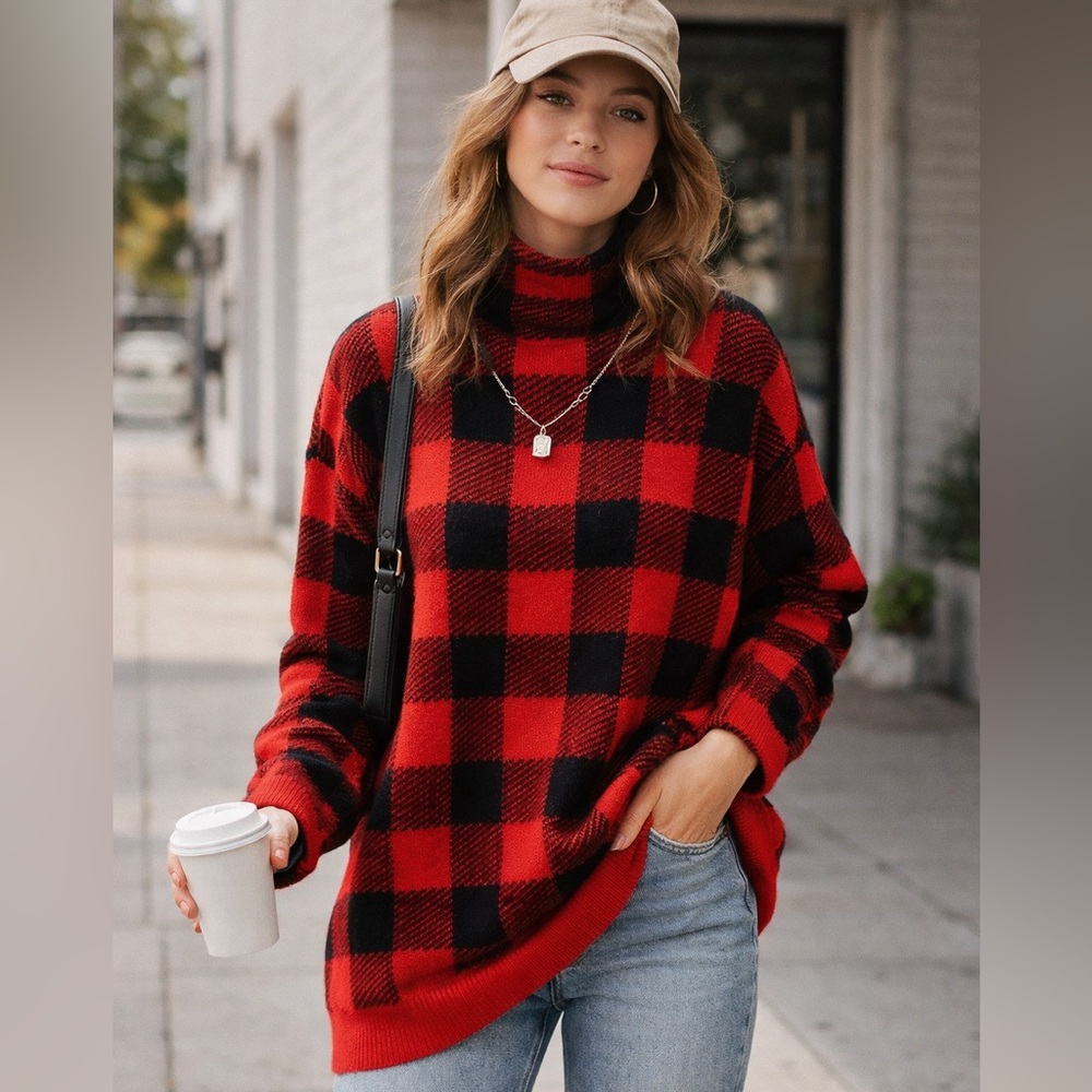 LOFT Red and Black buffalo Plaid Turtleneck mock neck Sweater Size Large